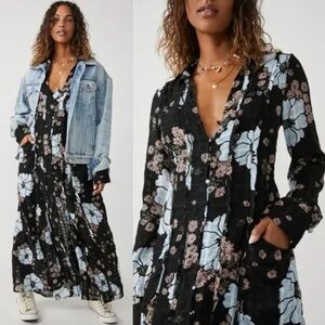 Free People Bohemian Hippie Flower Child Back At It Maxi Dress Black Medium